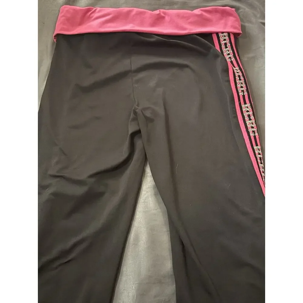 Y2K BCBG Maxazria Foldover Yoga Pants With Glitter Logo, Black & Pink Vintsge M